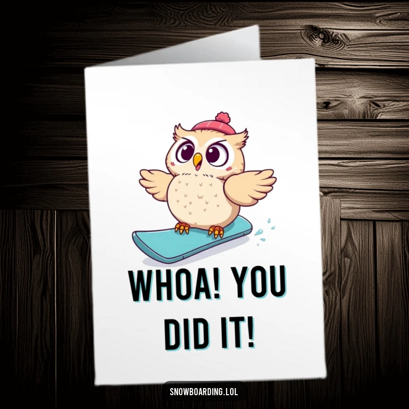 Funny Free Printable Congratulations Card: A surprised owl comically falls off its snowboard, capturing a moment of amusing chaos.