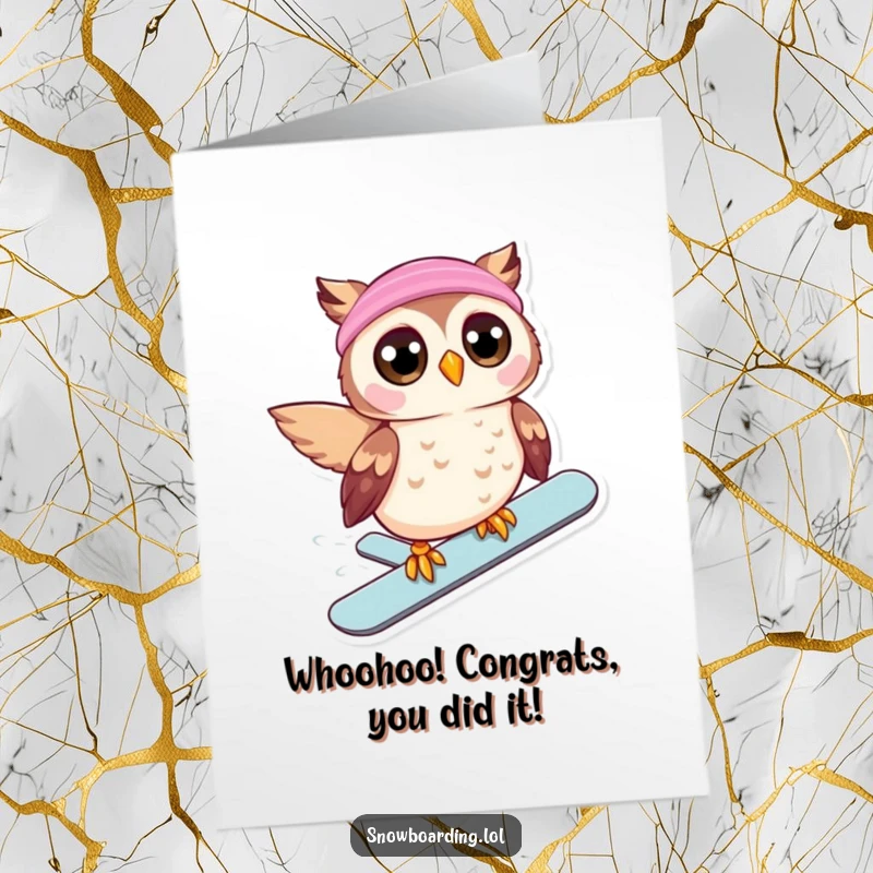 Funny Free Printable Congratulations Card: Beaming owl with wide eyes enjoys a thrilling snowboard ride downhill, celebrating victory.