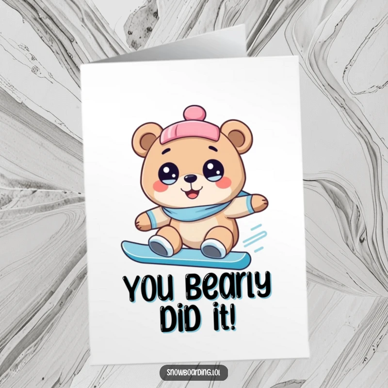 Funny Free Printable Congratulations Card: Happy bear with wide eyes, celebrating downhill on a snowboard. Exciting and humorous downloadable greeting.
