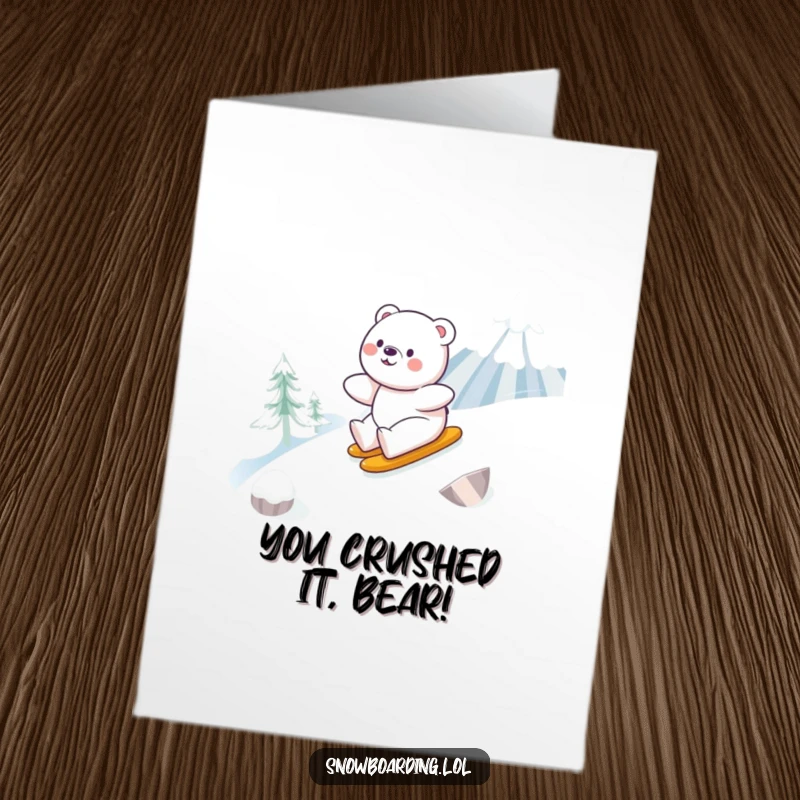 Free Printable Congratulations Card: A happy bear smoothly slides down a snowy mountain, celebrating a big win with a grin.