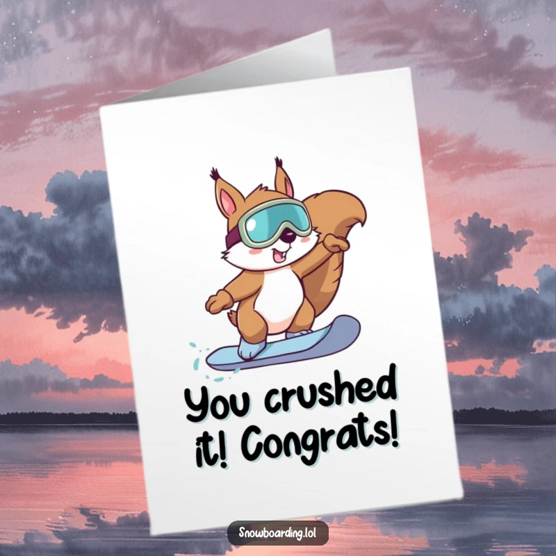 Funny Free Printable Congratulations Card: A determined squirrel wearing goggles executes a daring snowboard trick.