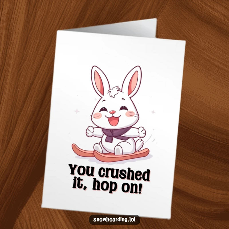 Funny Free Printable Congrats Card: Cheerful rabbit grinning while making a stylish snowy turn on a snowboard. Downloadable art.