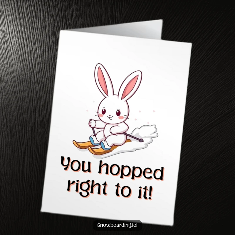 Funny Free Printable Congratulations Card: Cheerful bunny carving down a snowy slope, celebrating success. Adorable and humorous downloadable greeting.