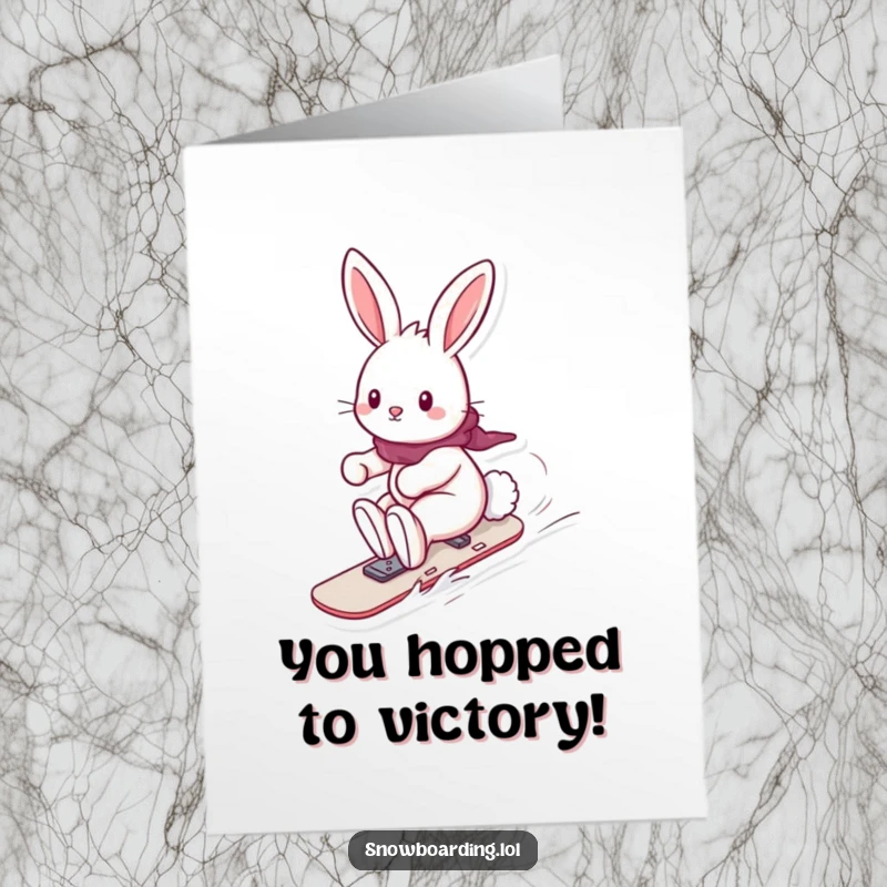 Funny Free Printable Congratulations Card: A playful bunny with a trailing fluffy tail rides a snowboard, radiating happiness.
