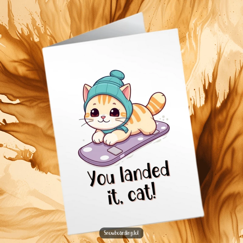 Funny Free Printable Congratulations Card: Curious cat sliding on its belly on a snowboard, celebrating success. Playful and humorous downloadable greeting.