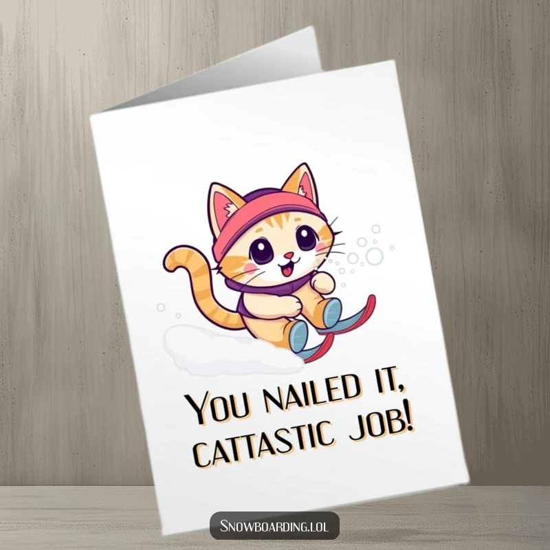 Funny Free Printable Congratulations Card featuring a cat speeding downhill on a snowboard, snow spraying everywhere.