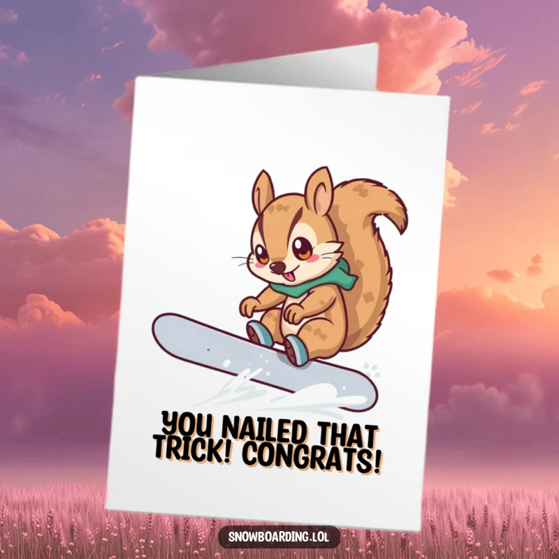 Funny Free Printable Congratulations Card: A determined squirrel successfully landing a brave snowboard trick, conveying triumph.