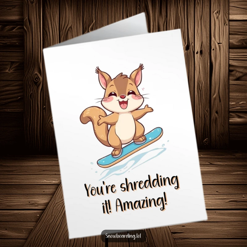 Funny Free Printable Congrats Card: A giggling squirrel triumphantly landing a jump on its small snowboard.