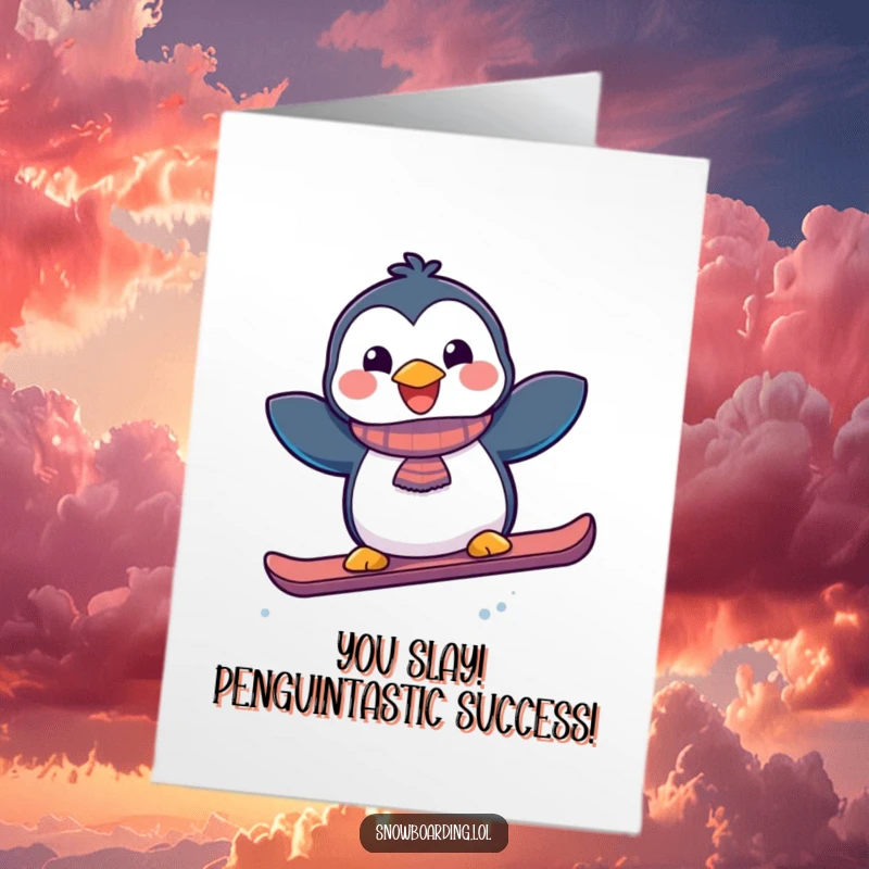 Funny free printable congratulations card with a jubilant penguin executing a playful snowboard jump, celebrating a victory.