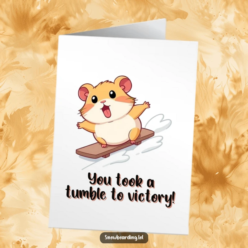 Free Printable Congrats Card: Surprised hamster unexpectedly tumbling down a snowy slope on a board, funny mishap.