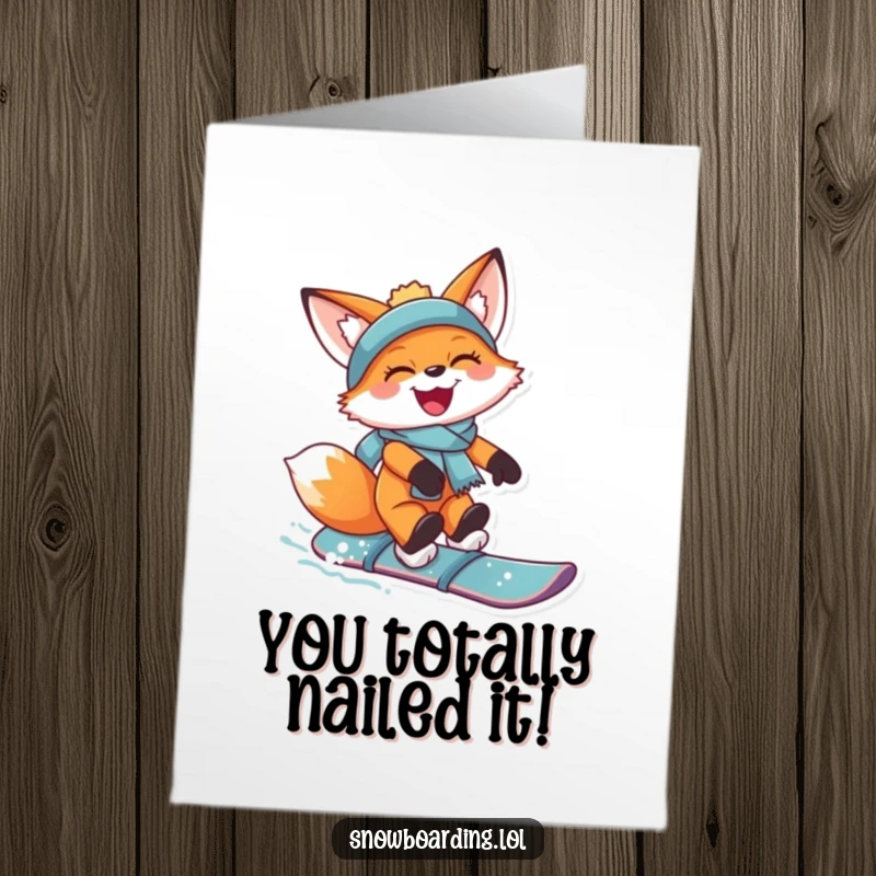 Free Printable Congrats Card: Joyful fox catching air on a snowboard with a grin, triumphant landing.