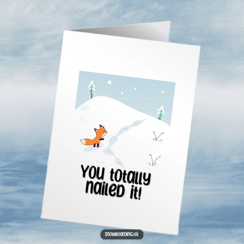 Funny Free Printable Congratulations Card: Determined fox triumphantly skiing down a snowy hill, celebrating a big win.
