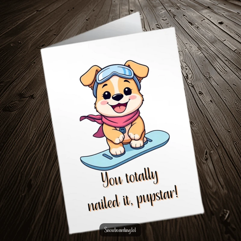 Funny Free Printable Congratulations Card: A playful puppy with a huge grin confidently rides a snowboard.