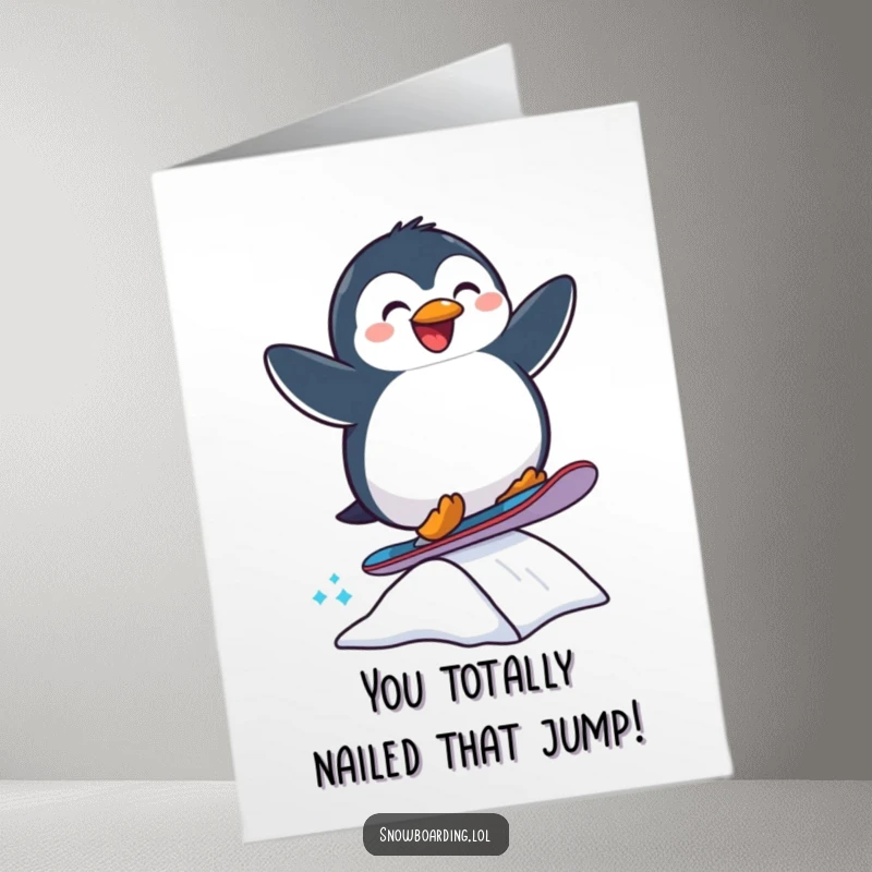 Funny Free Printable Congratulations Card: Elated Penguin Performing a Snowboard Jump off a Ramp, Celebrating Success