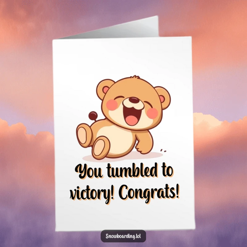 Funny Free Printable Congratulations Card: Joyful bear cub gleefully tumbling downhill, celebrating success with a hilarious wipeout.
