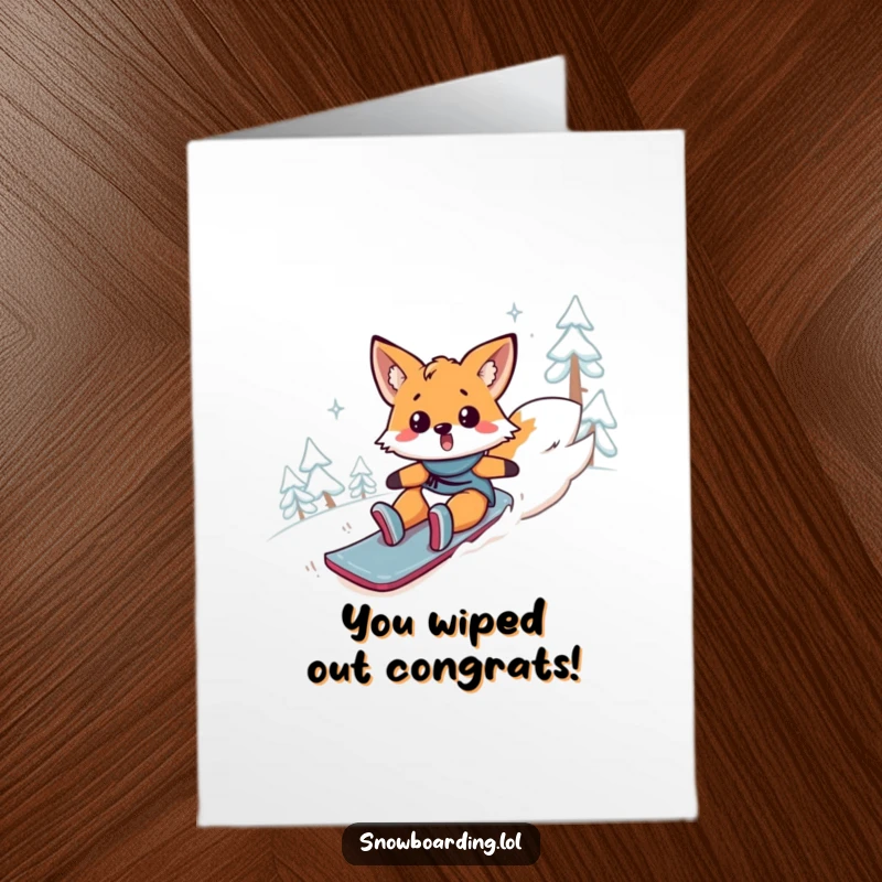 Funny Free Printable Congrats Card: A surprised fox comically tumbles headfirst down a snowy slope on a snowboard, celebrating your win.