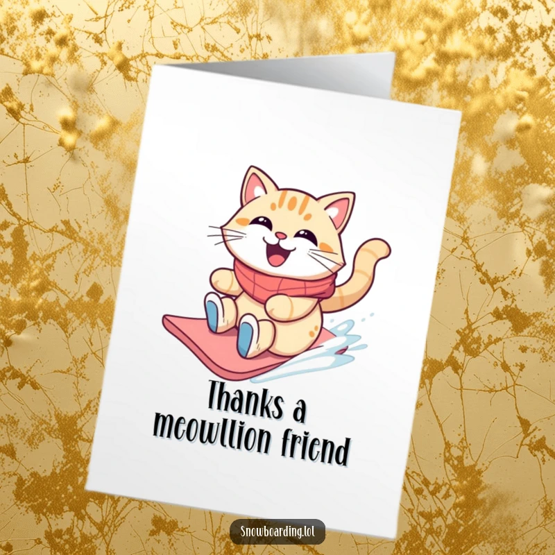 Funny Free Printable Thank You Card: A grinning cat with windblown fur glides on a snowboard, sending thanks with a cool attitude. Downloadable.