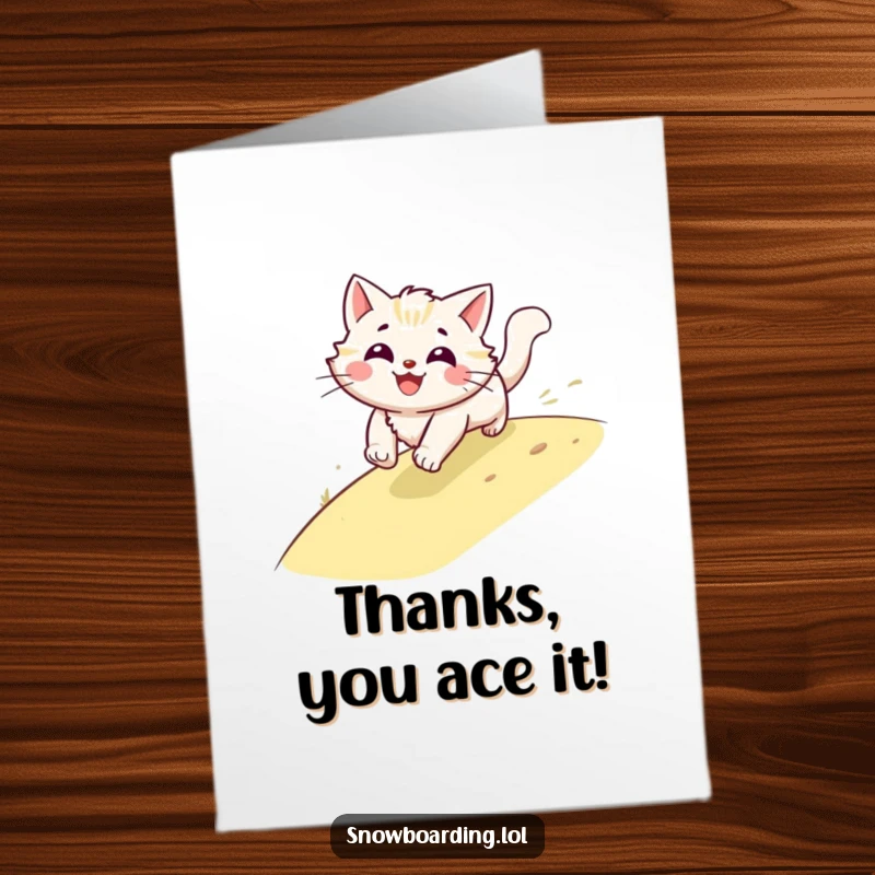 Funny Free Printable thank you card: A smiling cat is a blur of fur speeding down a hill, conveying thanks with energetic speed.