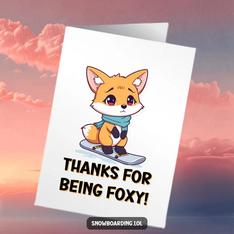 Funny Free Printable Thank You Card: A curious fox stands on a snowboard, looking completely baffled.