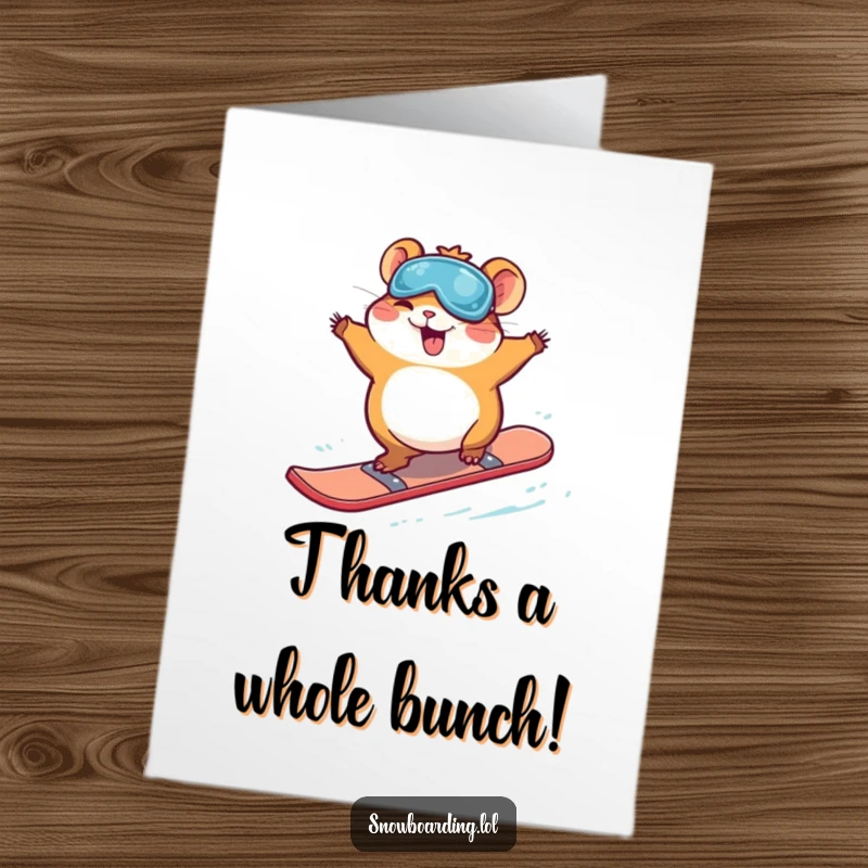 Funny Free Printable Thank You Card: Giggling hamster executing a playful snowboard jump. Adorable DIY gift.