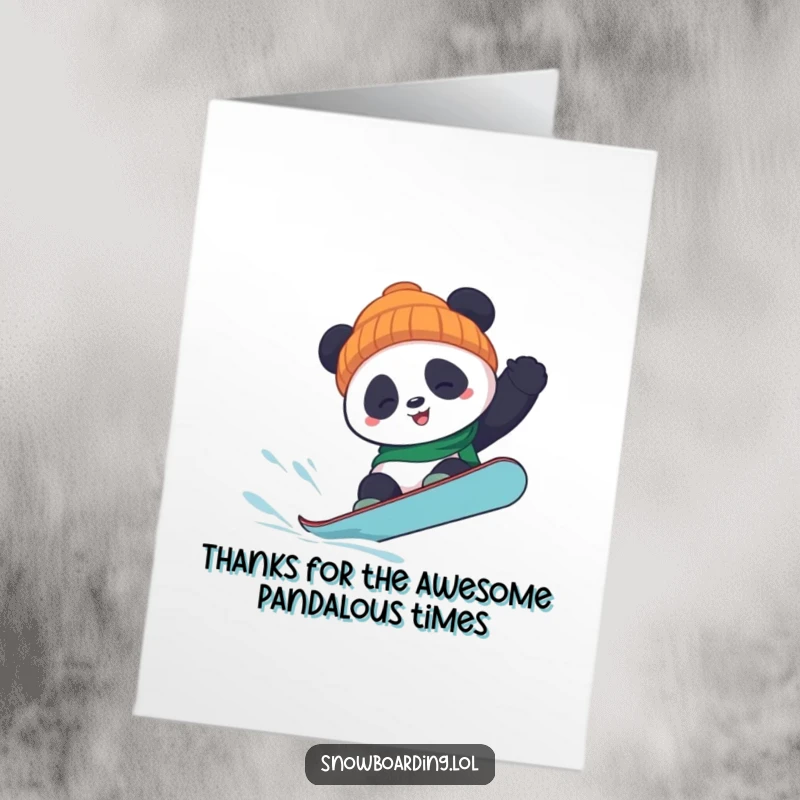 Funny Free Printable Thank You Card featuring an energetic panda executing a tricky snowboard flip with flair.