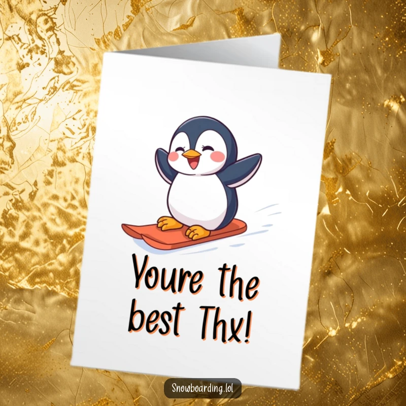Funny Free Printable Thank You Card: A joyful penguin zooms down a snowy mountain on a snowboard, sending cool thanks. Downloadable art.