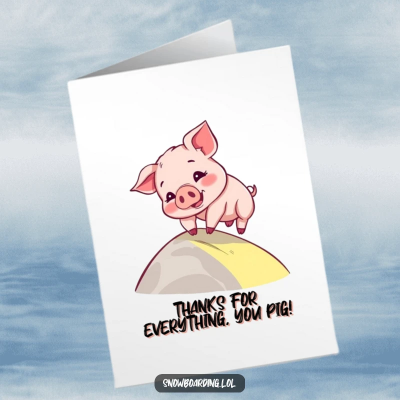 Funny Free Printable Thank You Card: A playful piglet comically wobbling down a gentle hill, conveying thanks with a cute stumble.