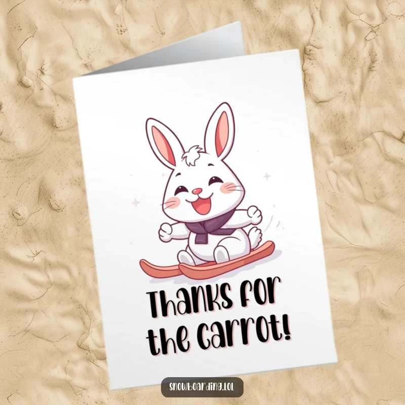 Funny Free Printable Thank You Card: Cheerful rabbit grinning as it carves a snowy turn on a snowboard. DIY gift.