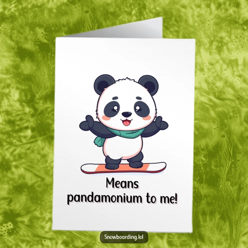Funny Free Printable Thank You Card: Determined panda on a snowboard, grinning with thanks and support.