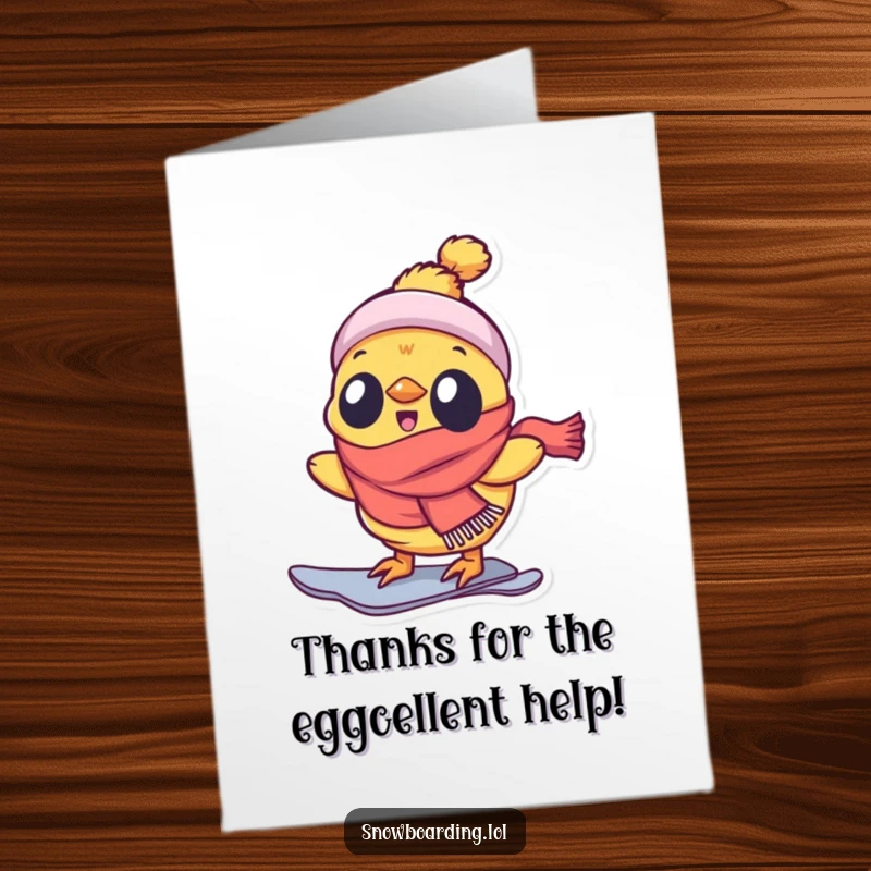 Funny Free Printable Thank You Card: A delighted chick wearing a scarf is joyfully snowboarding with great enthusiasm.