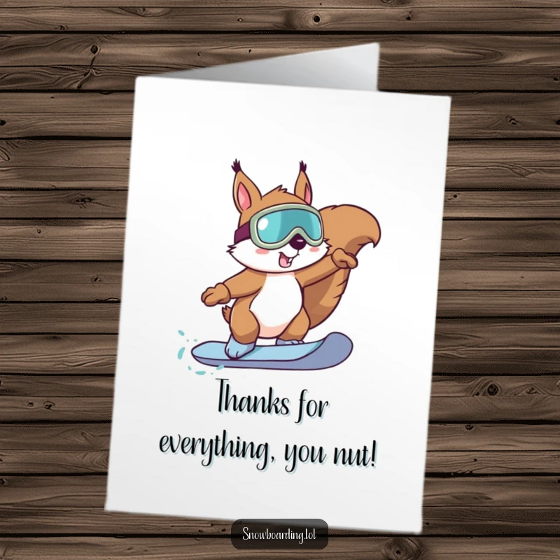 Funny Free Printable Thank You Card: A skilled squirrel in goggles performing an impressive snowboard trick.