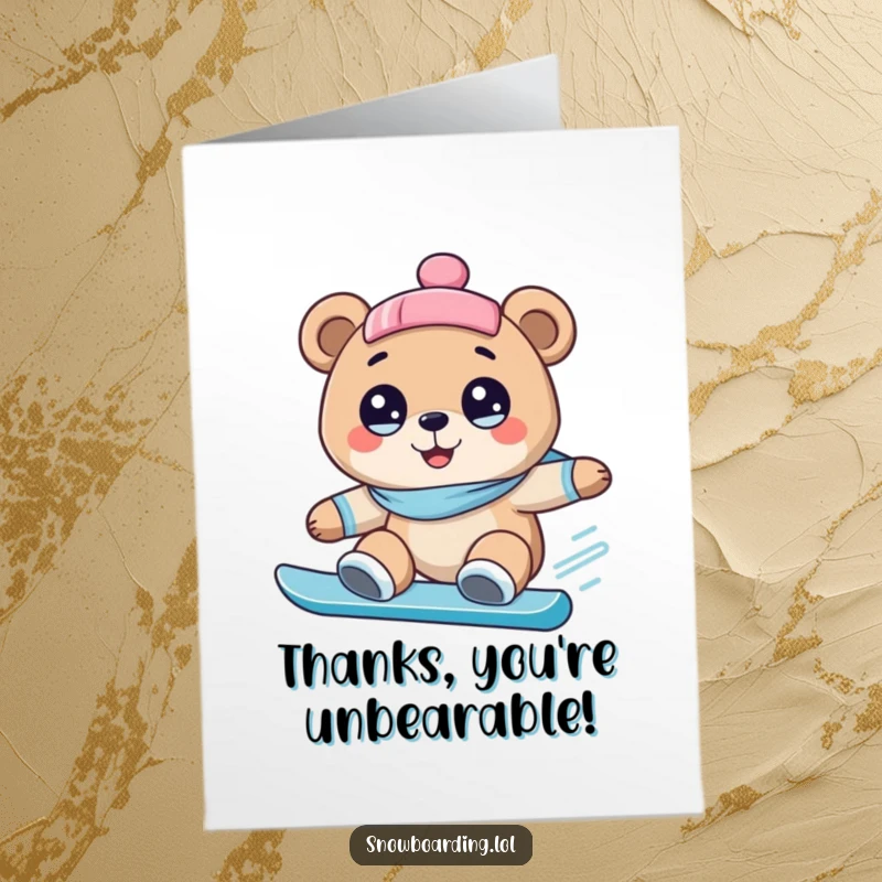 Funny Free Printable Thank You Card: Happy bear with wide eyes, snowboarding downhill with gratitude. Joyful and humorous downloadable greeting.
