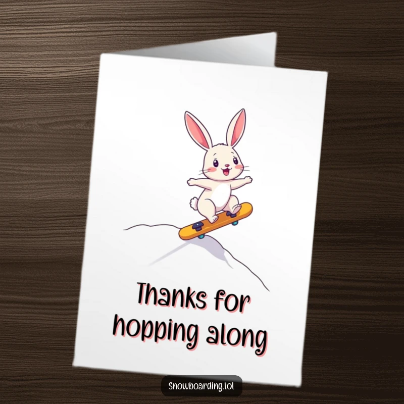 Funny Free Printable Thank You Card: A bouncing bunny rides a board precariously downhill, sending thanks with wild, energetic flair.