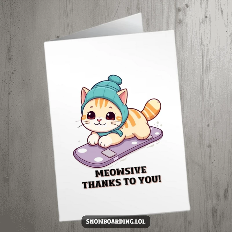 Funny Free Printable Thank You Card: Curious cat sliding on its belly on a snowboard, showing gratitude uniquely. Amusing and humorous downloadable greeting.