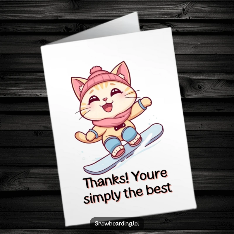 Funny Free Printable Thank You Card: Curious Cat Carving a Snowboard Turn, Grinning While Saying Thanks