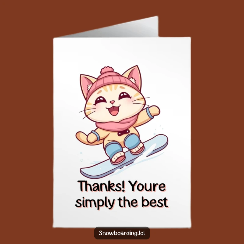 Free Printable Thank You Card: Cat's Snowboard Turn of Gratitude with a Sly Grin
