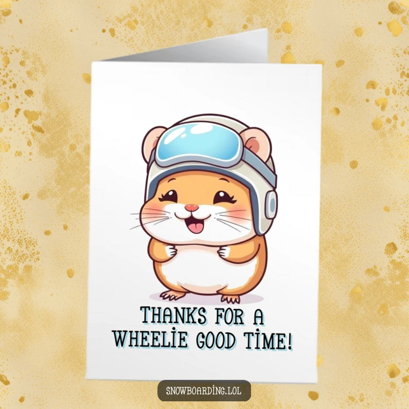 Funny Free Printable Thank You Card: A giggling hamster wearing a tiny snowboard helmet expresses thanks.