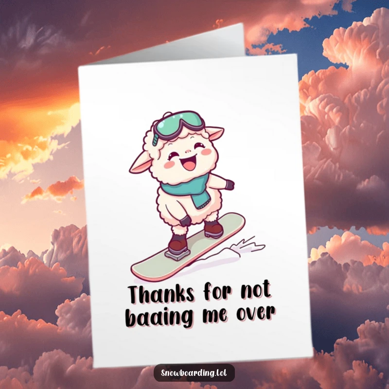 Funny Free Printable Thank You Card of a sheep giggling while trying to snowboard with gratitude.