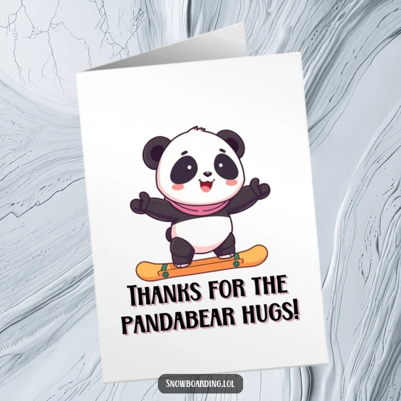 Funny Free Printable Thank You Card: A happy panda struggling to balance on a snowboard, conveying thanks with adorable effort.