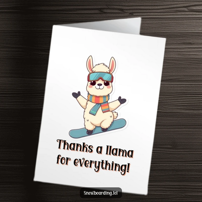 Funny Free Printable Thank You Card: Llama snowboarder giving a cool thumbs-up for your kindness.