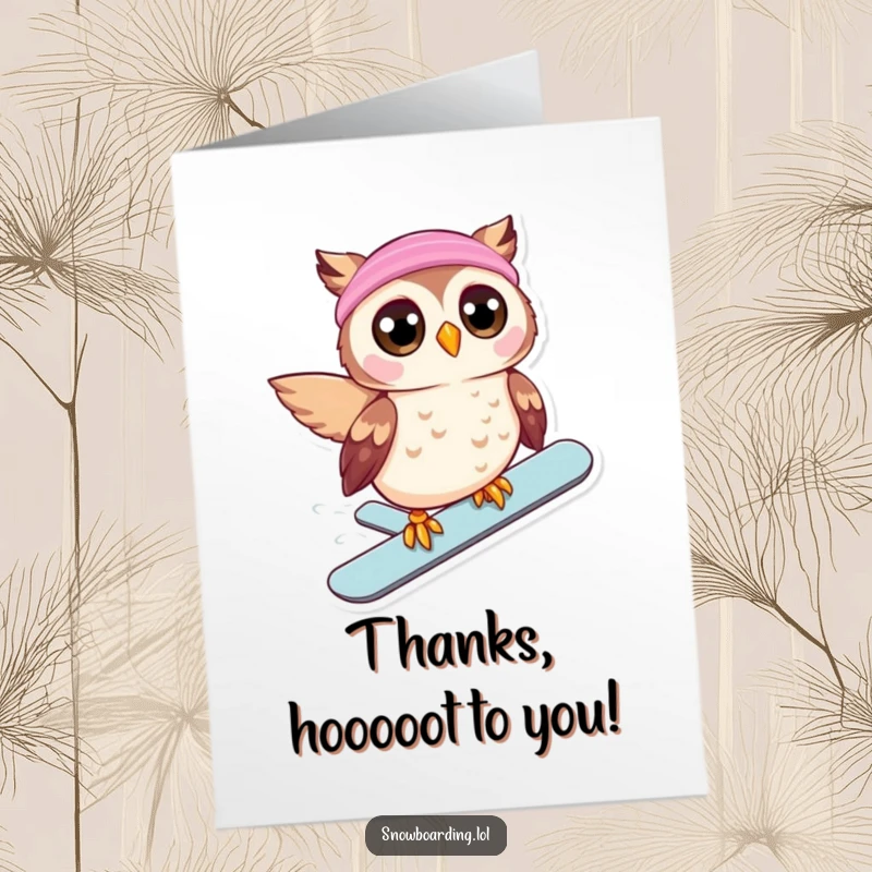Funny Free Printable Thank You Card: Beaming owl with wide eyes slides on a snowboard, sending a fun thank you.