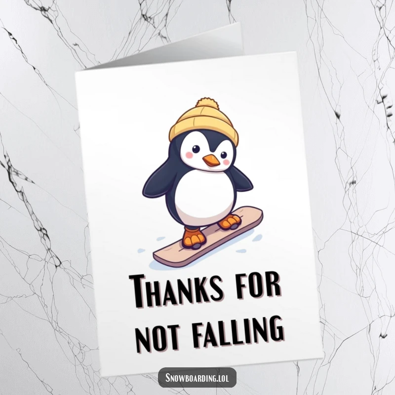 Funny Free Printable Thank You Card: Penguin snowboarder looking surprised yet grateful, a charming downloadable.