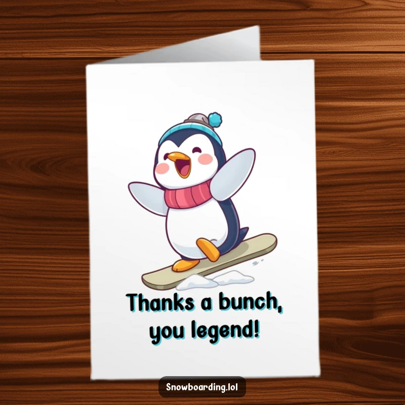 Funny Free Printable Thank You Card: Wobbly penguin surprised mid-snowboard trick, perfect for expressing thanks.