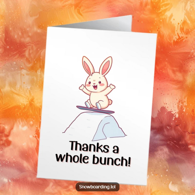 Funny Free Printable Thank You Card: Cheerful bunny on a snowboard, leaping with gratitude.