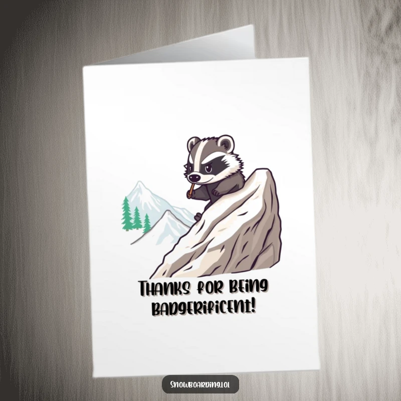 Funny Free Printable Thank You Card: A brave badger smoothly carves down a mountain on a snowboard, sending thanks with style.