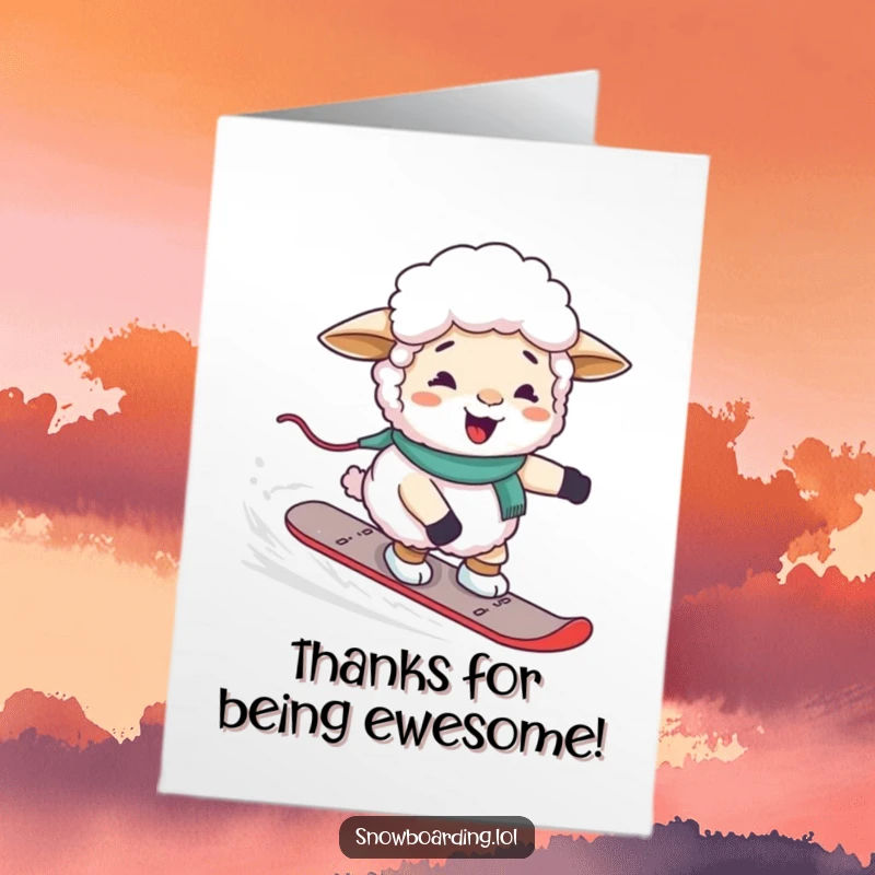 Funny Free Printable Thank You Card: A giggling sheep awkwardly steering a snowboard, offering sincere thanks with a comical touch.