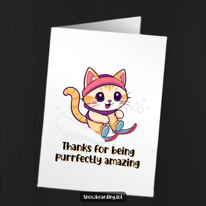Funny Free Printable Thank You Card of a curious cat enjoying a fast snowboard ride downhill, leaving a trail of snow.