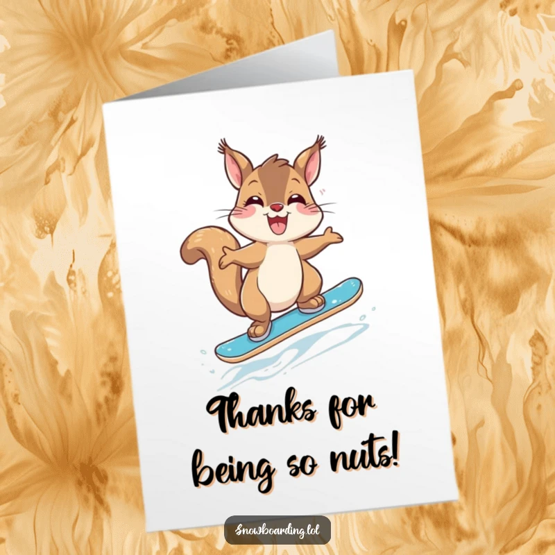 Funny Free Printable Thank You Card: Giggling squirrel giving a thankful jump after receiving something nice.
