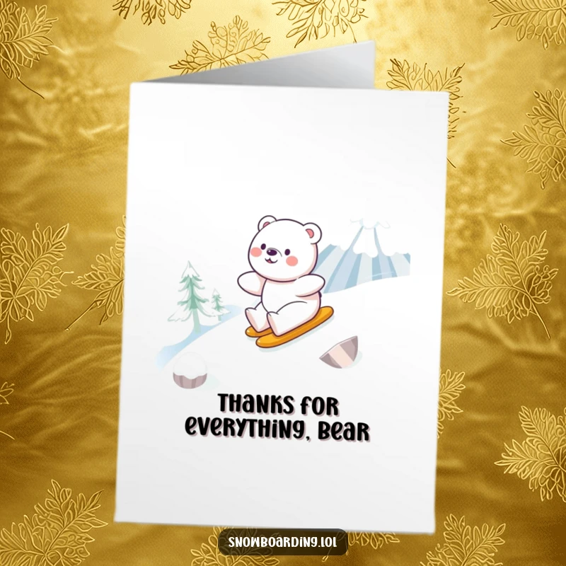 Funny Free Printable Thank You Card: A happy bear glides down a snowy mountain, offering thanks with a cheerful, adventurous vibe.