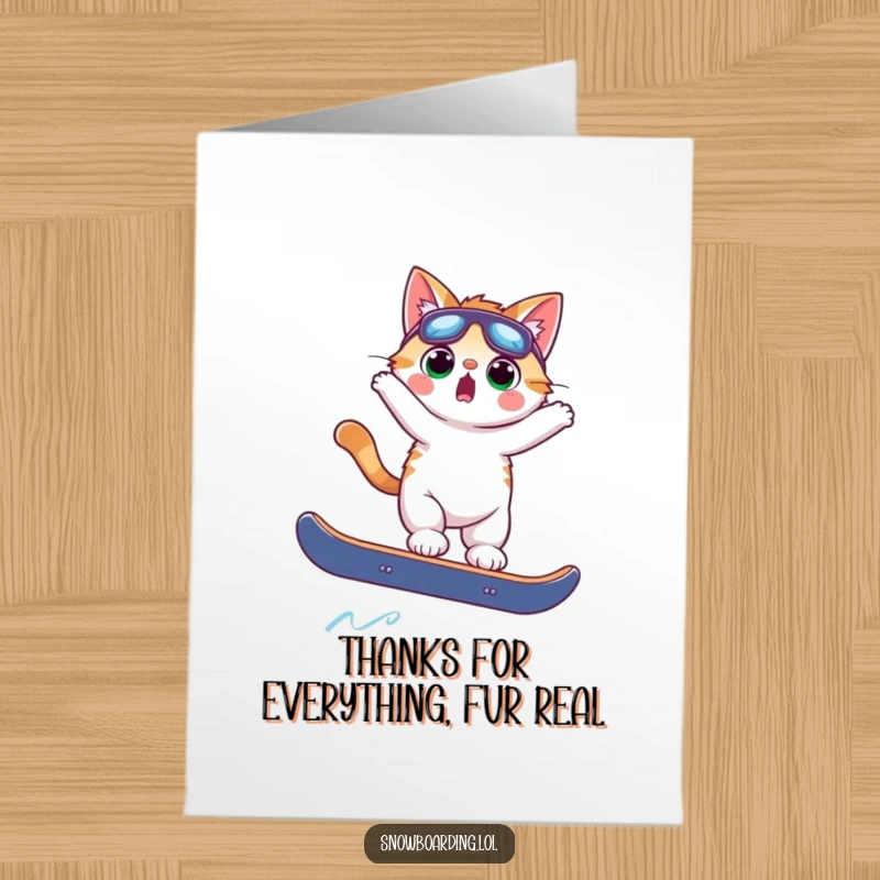 Funny Free Printable Thank You Card: Cat snowboarder mid-air looking surprised, a hilarious expression of thanks. DIY gift.